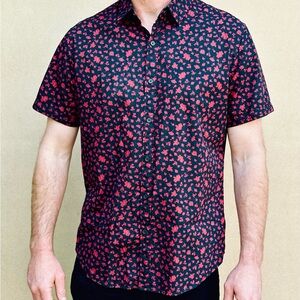 Express Men's Black and Red Floral Button Down Shirt